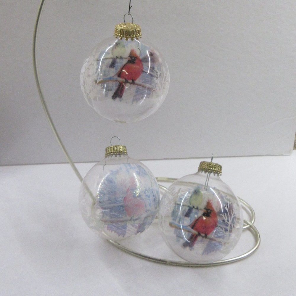 See-Thru Glass Cardinal Christmas Ornaments Signed CBK Krebs Glitter Stenciled
